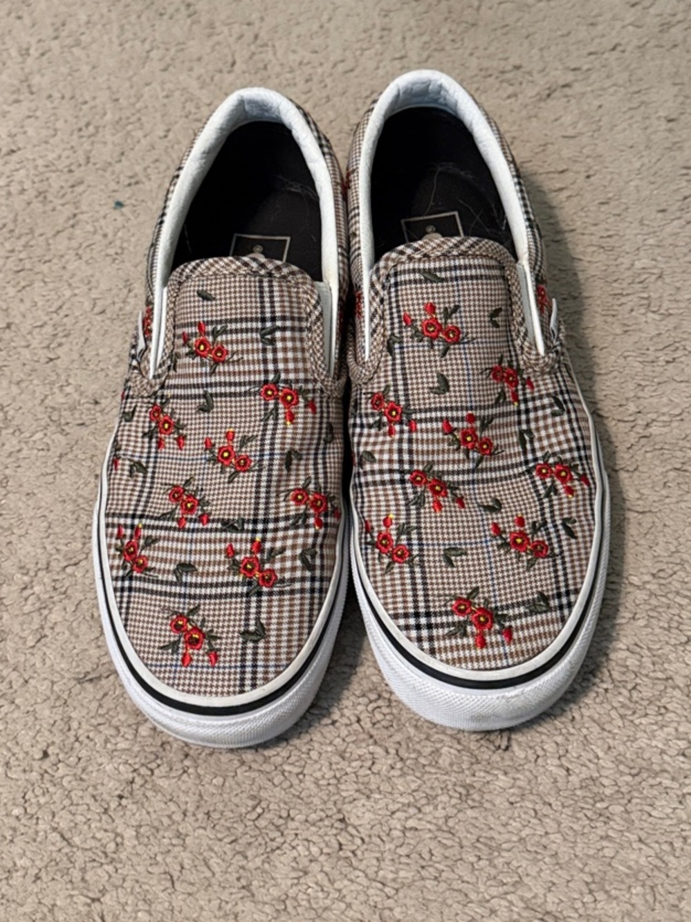 Vans Beige Plaid Slip-On Sneakers with Red Cherry Print